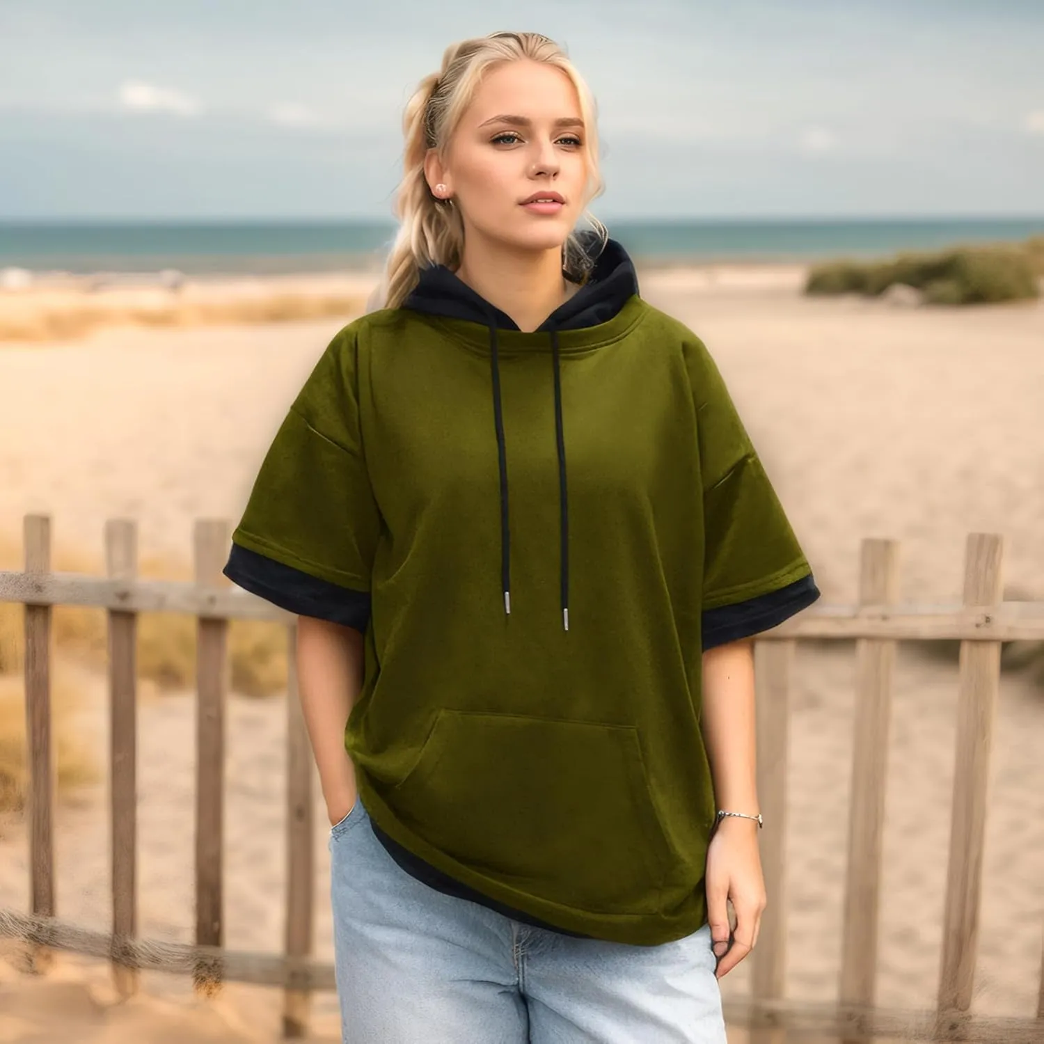 Mens Short Sleeve Hoodie Soft Cotton Color Block Moisture Wicking Big Pocket Streetwear Sweatshirt T-Shirt