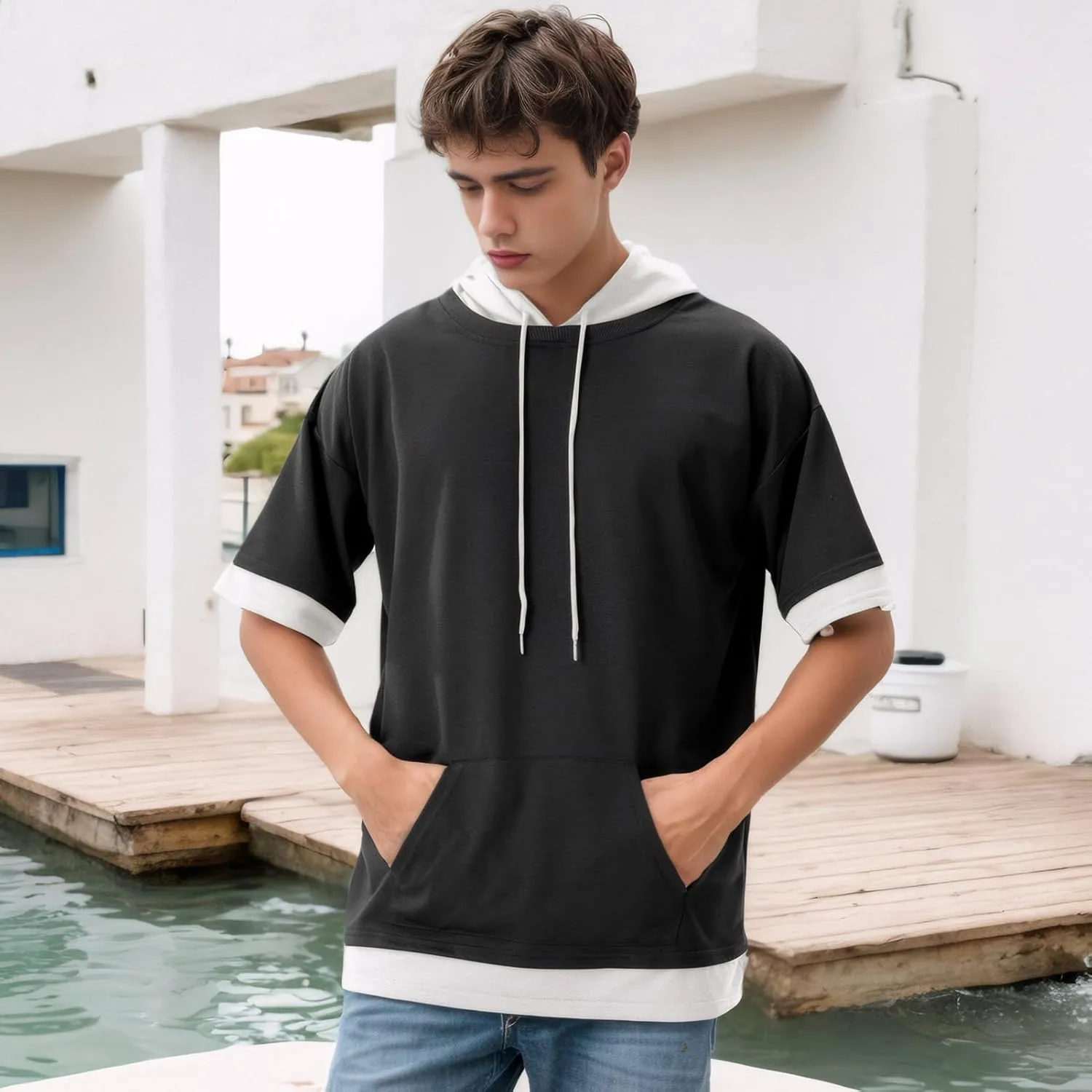 Mens Short Sleeve Hoodie Soft Cotton Color Block Moisture Wicking Big Pocket Streetwear Sweatshirt T-Shirt