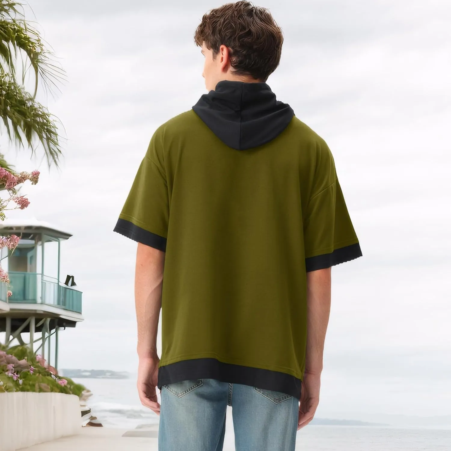 Mens Short Sleeve Hoodie Soft Cotton Color Block Moisture Wicking Big Pocket Streetwear Sweatshirt T-Shirt