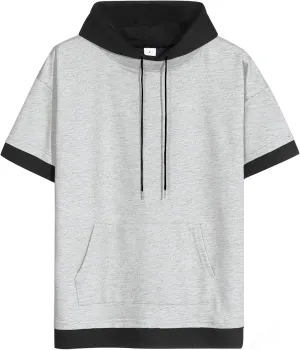 Mens Short Sleeve Hoodie Soft Cotton Color Block Moisture Wicking Big Pocket Streetwear Sweatshirt T-Shirt