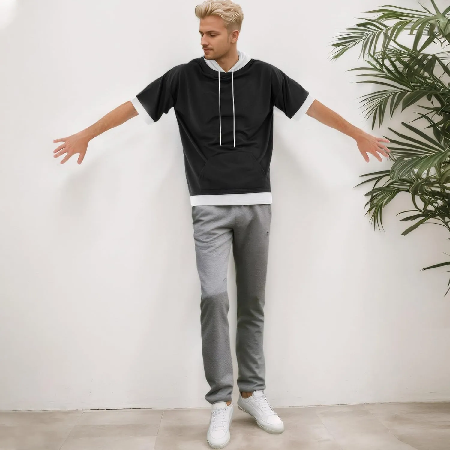 Mens Short Sleeve Hoodie Soft Cotton Color Block Moisture Wicking Big Pocket Streetwear Sweatshirt T-Shirt