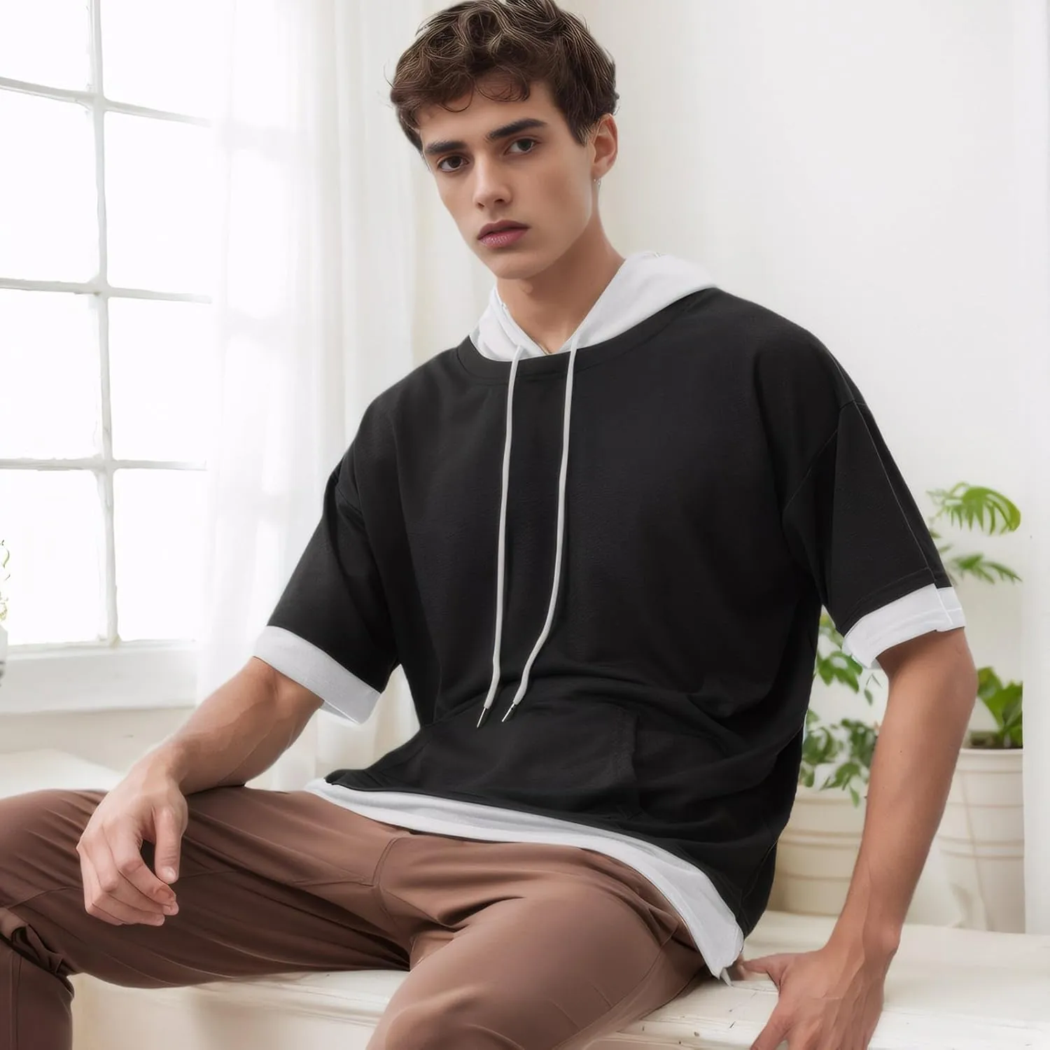 Mens Short Sleeve Hoodie Soft Cotton Color Block Moisture Wicking Big Pocket Streetwear Sweatshirt T-Shirt