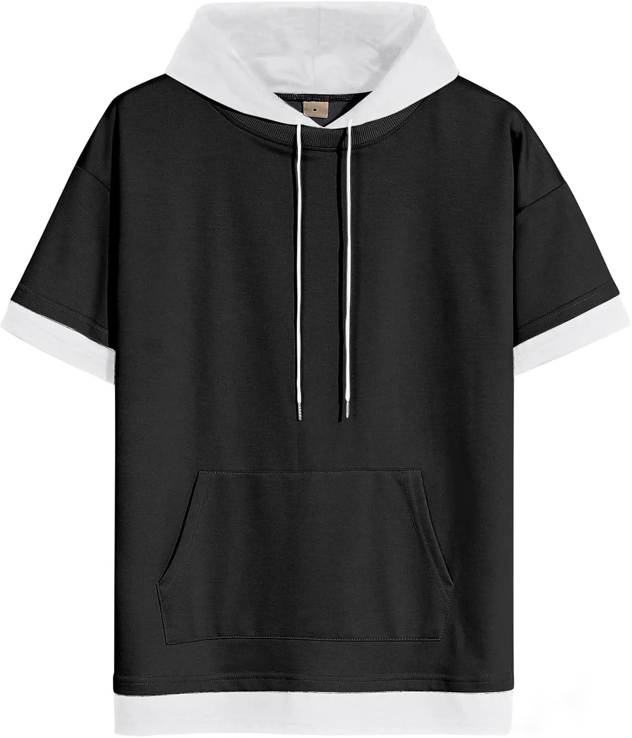 Mens Short Sleeve Hoodie Soft Cotton Color Block Moisture Wicking Big Pocket Streetwear Sweatshirt T-Shirt