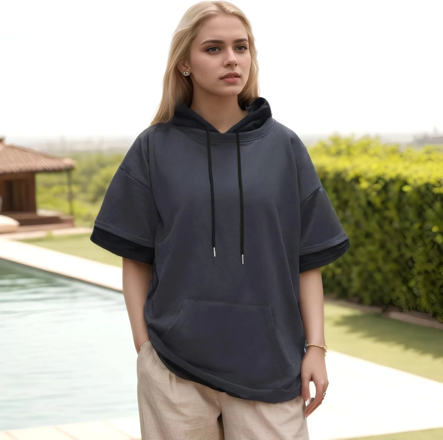 Mens Short Sleeve Hoodie Soft Cotton Color Block Moisture Wicking Big Pocket Streetwear Sweatshirt T-Shirt
