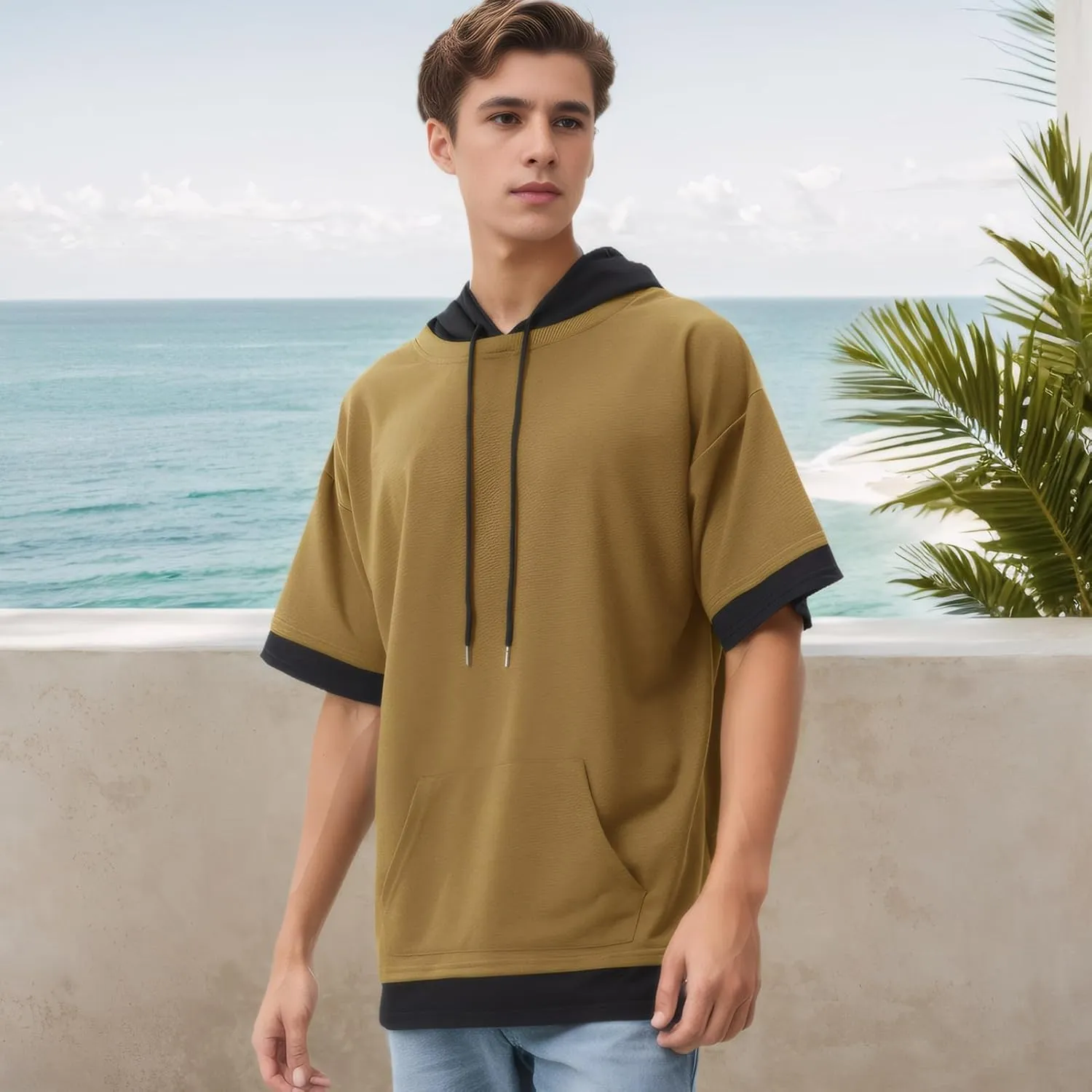 Mens Short Sleeve Hoodie Soft Cotton Color Block Moisture Wicking Big Pocket Streetwear Sweatshirt T-Shirt