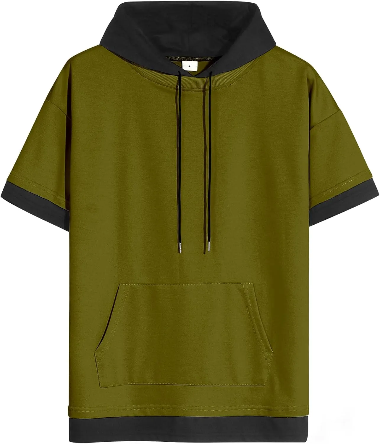 Mens Short Sleeve Hoodie Soft Cotton Color Block Moisture Wicking Big Pocket Streetwear Sweatshirt T-Shirt