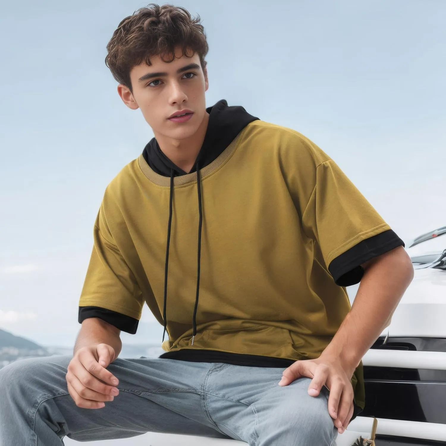 Mens Short Sleeve Hoodie Soft Cotton Color Block Moisture Wicking Big Pocket Streetwear Sweatshirt T-Shirt