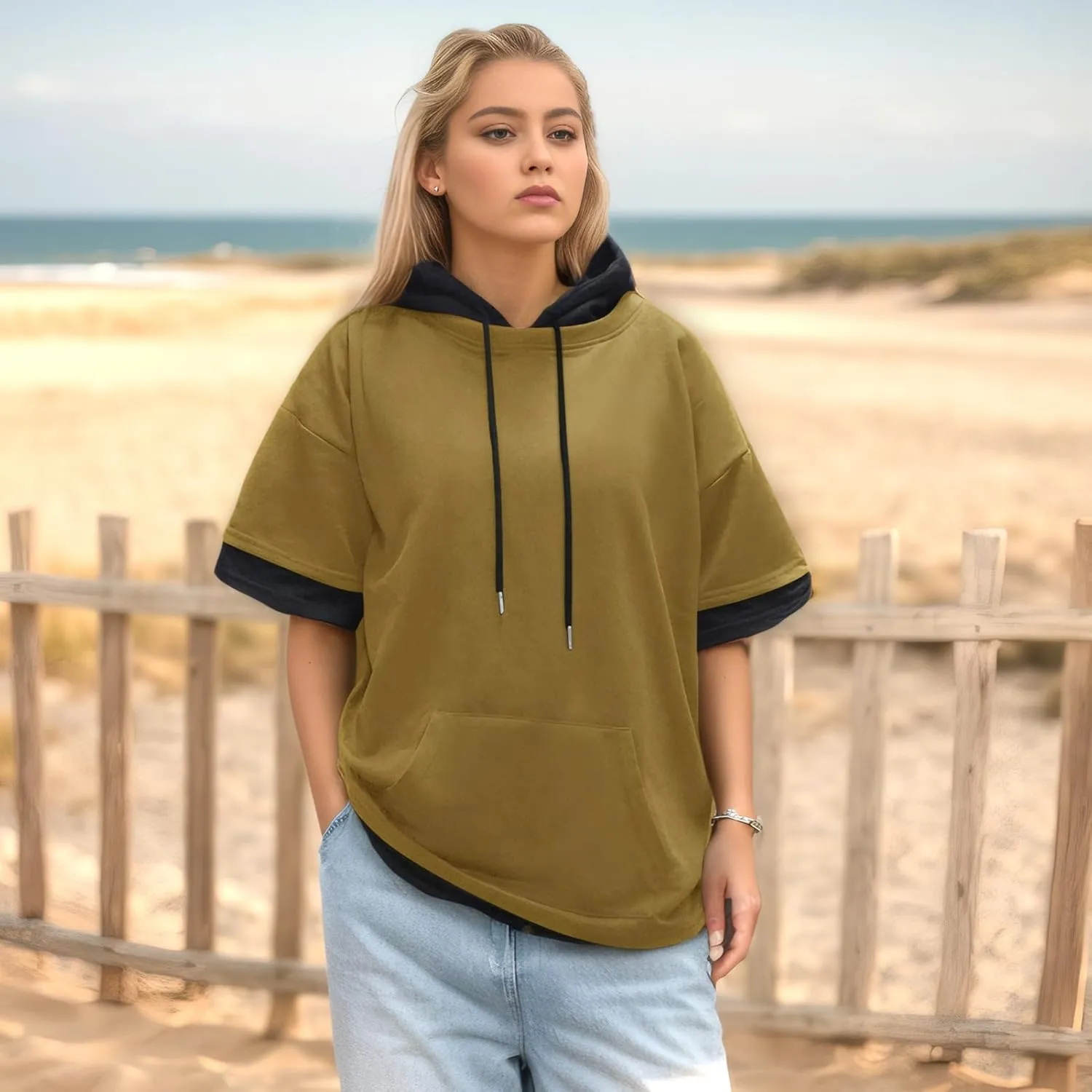 Mens Short Sleeve Hoodie Soft Cotton Color Block Moisture Wicking Big Pocket Streetwear Sweatshirt T-Shirt
