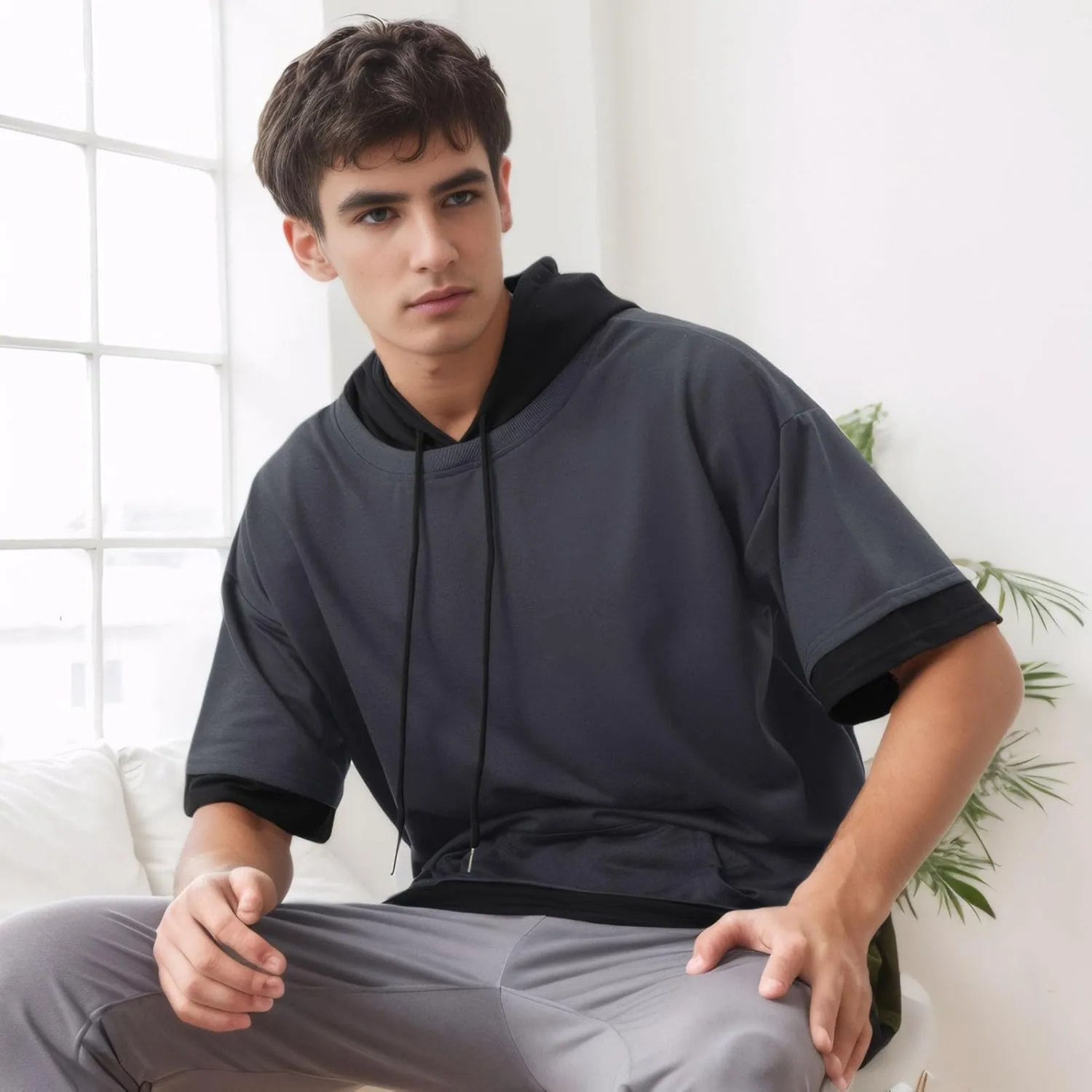 Mens Short Sleeve Hoodie Soft Cotton Color Block Moisture Wicking Big Pocket Streetwear Sweatshirt T-Shirt