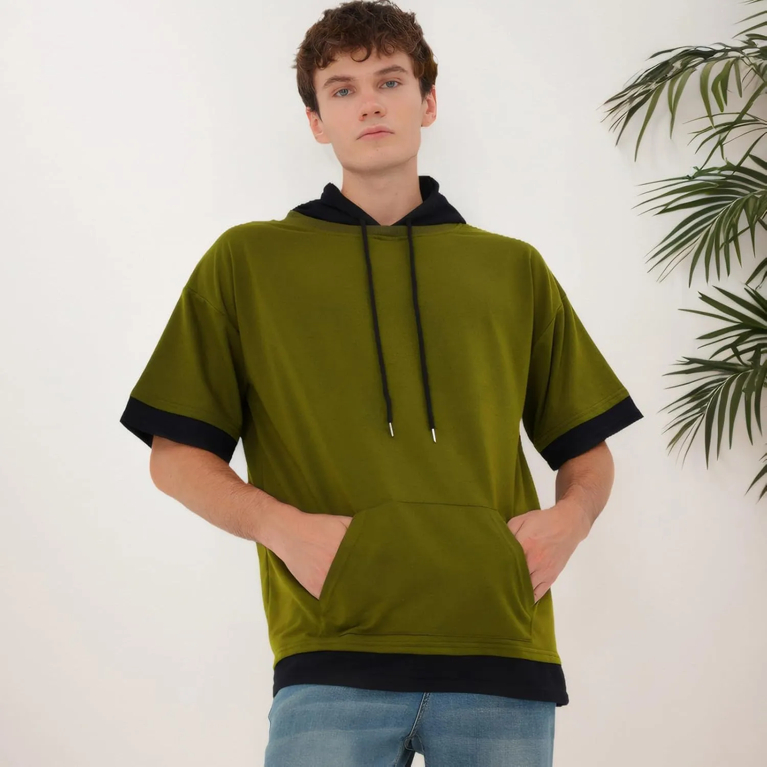 Mens Short Sleeve Hoodie Soft Cotton Color Block Moisture Wicking Big Pocket Streetwear Sweatshirt T-Shirt