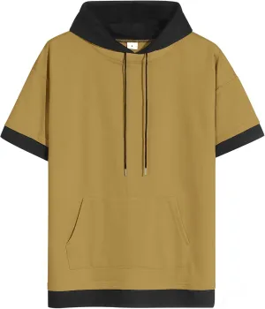 Mens Short Sleeve Hoodie Soft Cotton Color Block Moisture Wicking Big Pocket Streetwear Sweatshirt T-Shirt