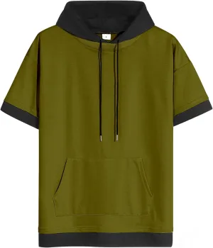 Mens Short Sleeve Hoodie Soft Cotton Color Block Moisture Wicking Big Pocket Streetwear Sweatshirt T-Shirt