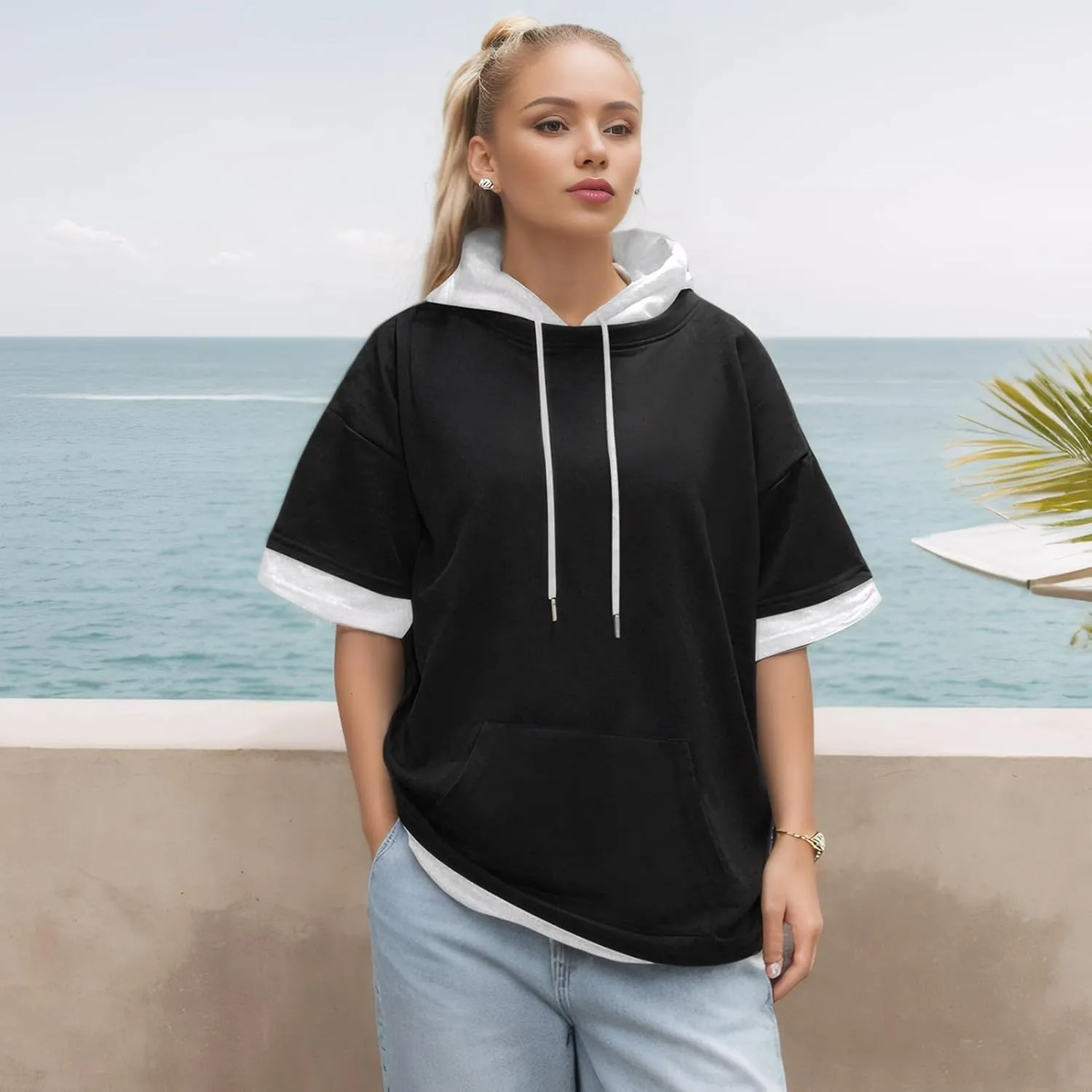 Mens Short Sleeve Hoodie Soft Cotton Color Block Moisture Wicking Big Pocket Streetwear Sweatshirt T-Shirt