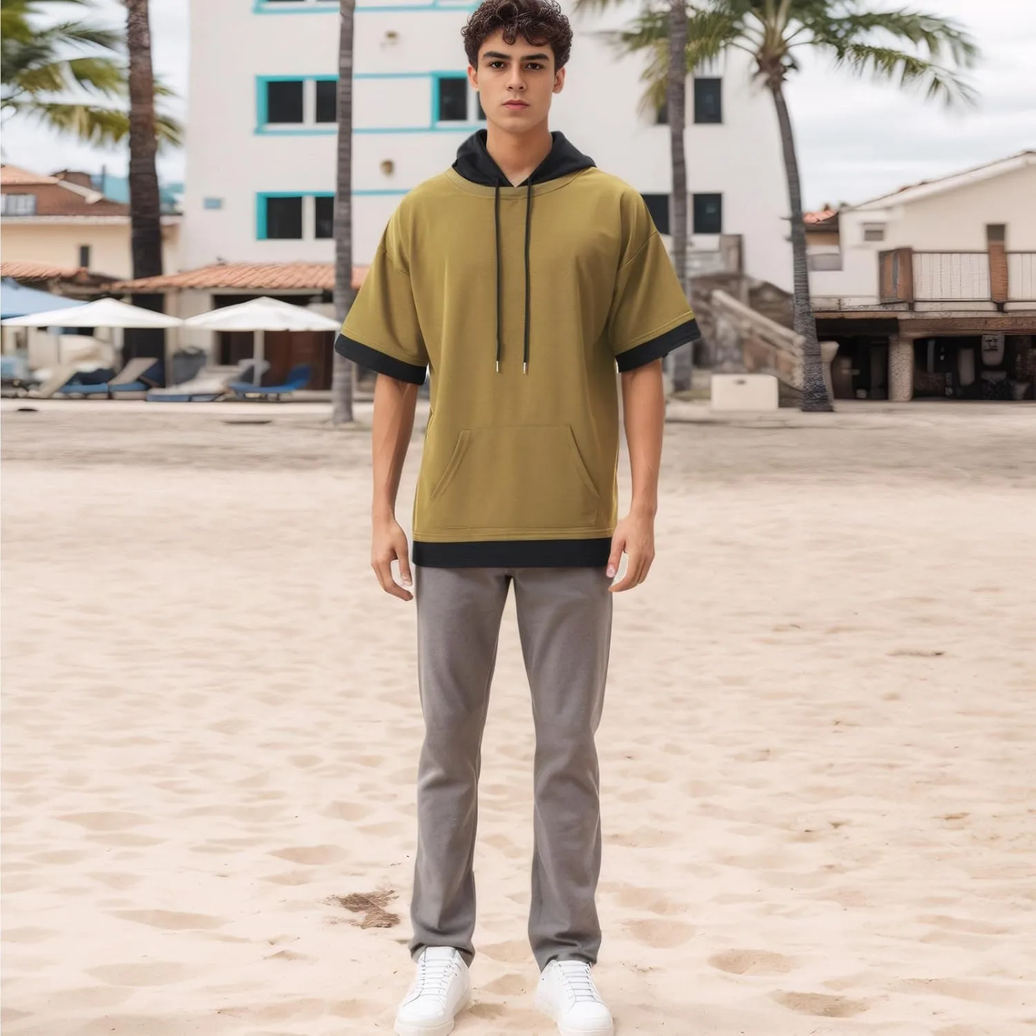 Mens Short Sleeve Hoodie Soft Cotton Color Block Moisture Wicking Big Pocket Streetwear Sweatshirt T-Shirt