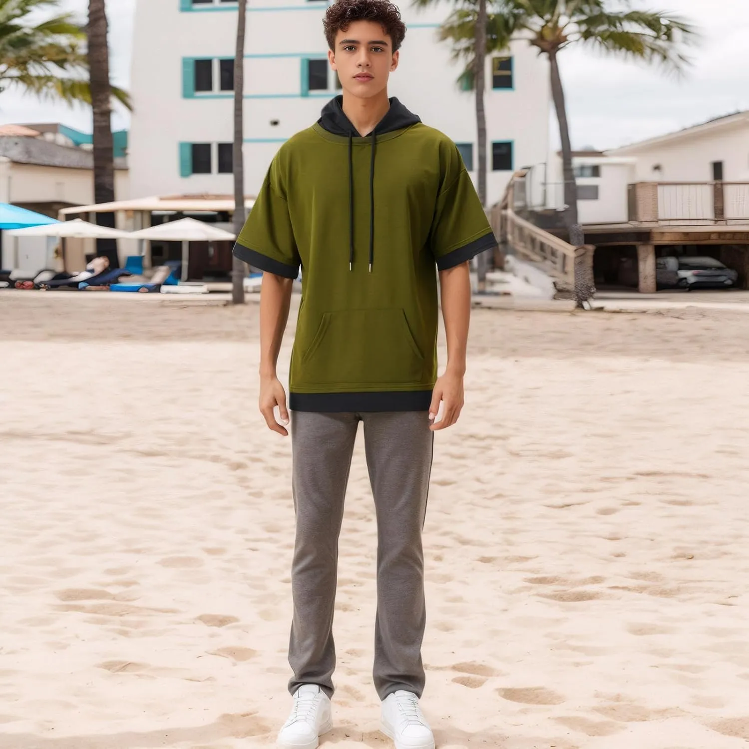 Mens Short Sleeve Hoodie Soft Cotton Color Block Moisture Wicking Big Pocket Streetwear Sweatshirt T-Shirt