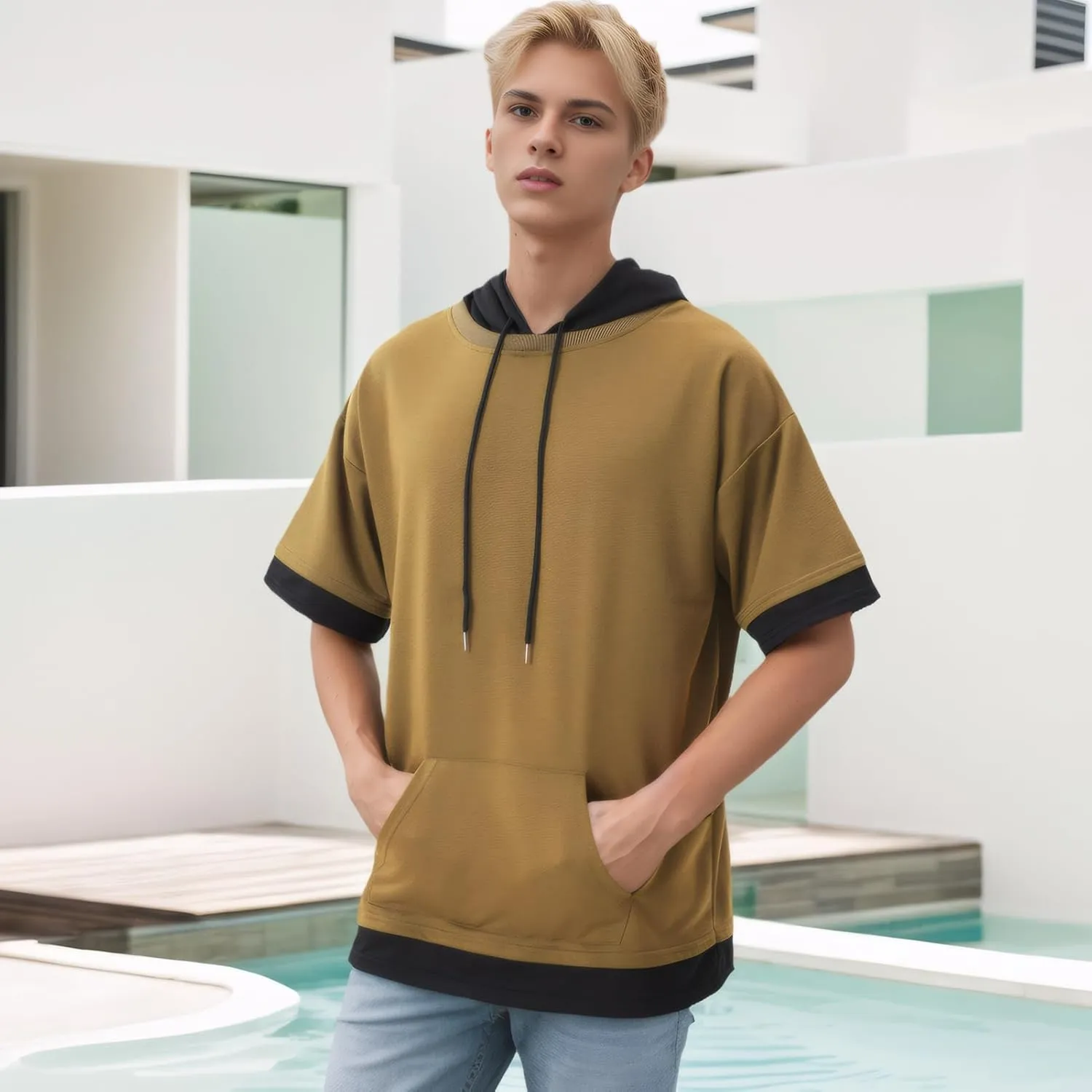 Mens Short Sleeve Hoodie Soft Cotton Color Block Moisture Wicking Big Pocket Streetwear Sweatshirt T-Shirt