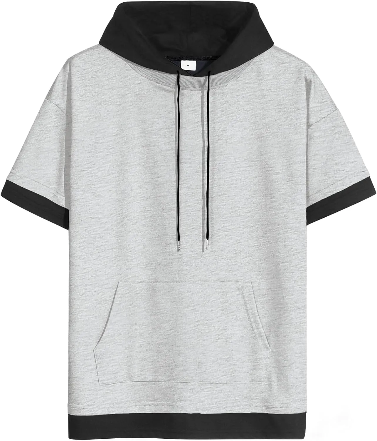 Mens Short Sleeve Hoodie Soft Cotton Color Block Moisture Wicking Big Pocket Streetwear Sweatshirt T-Shirt