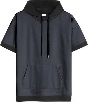 Mens Short Sleeve Hoodie Soft Cotton Color Block Moisture Wicking Big Pocket Streetwear Sweatshirt T-Shirt