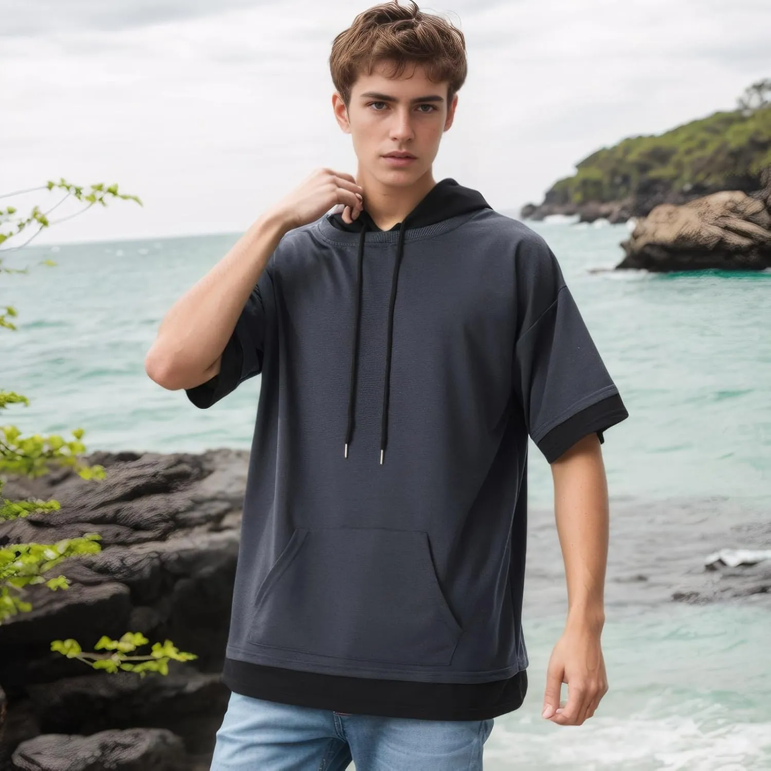 Mens Short Sleeve Hoodie Soft Cotton Color Block Moisture Wicking Big Pocket Streetwear Sweatshirt T-Shirt