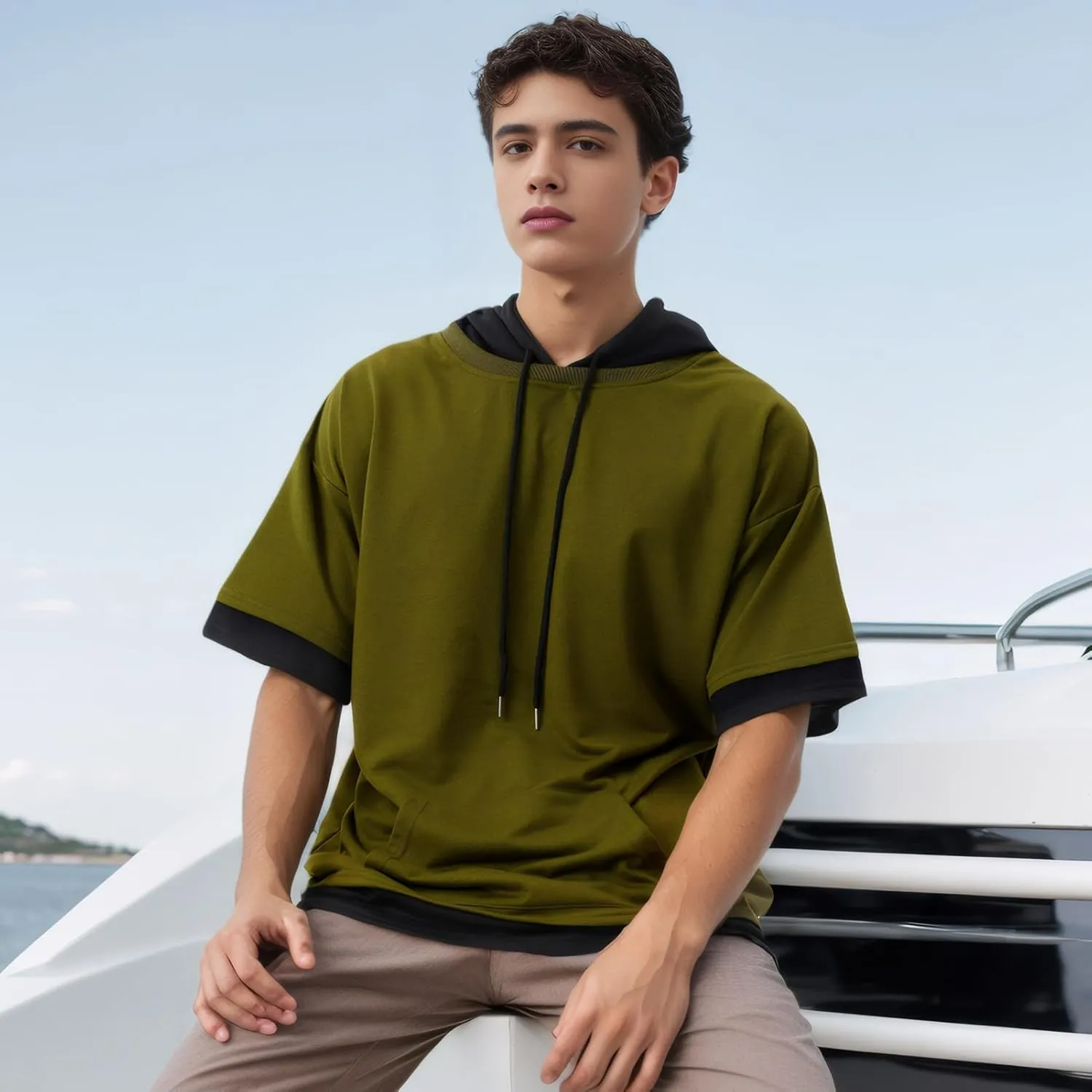 Mens Short Sleeve Hoodie Soft Cotton Color Block Moisture Wicking Big Pocket Streetwear Sweatshirt T-Shirt