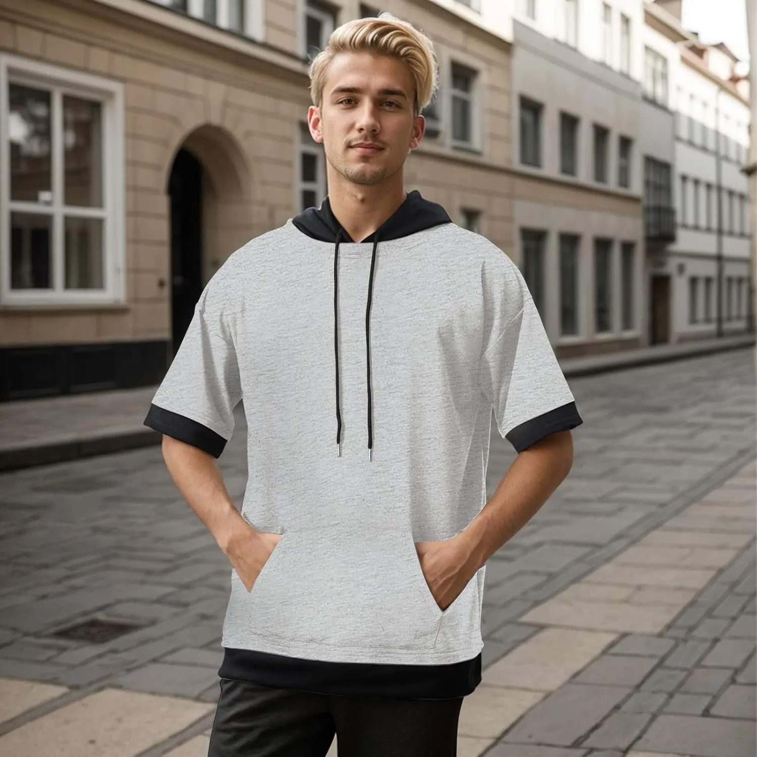 Mens Short Sleeve Hoodie Soft Cotton Color Block Moisture Wicking Big Pocket Streetwear Sweatshirt T-Shirt