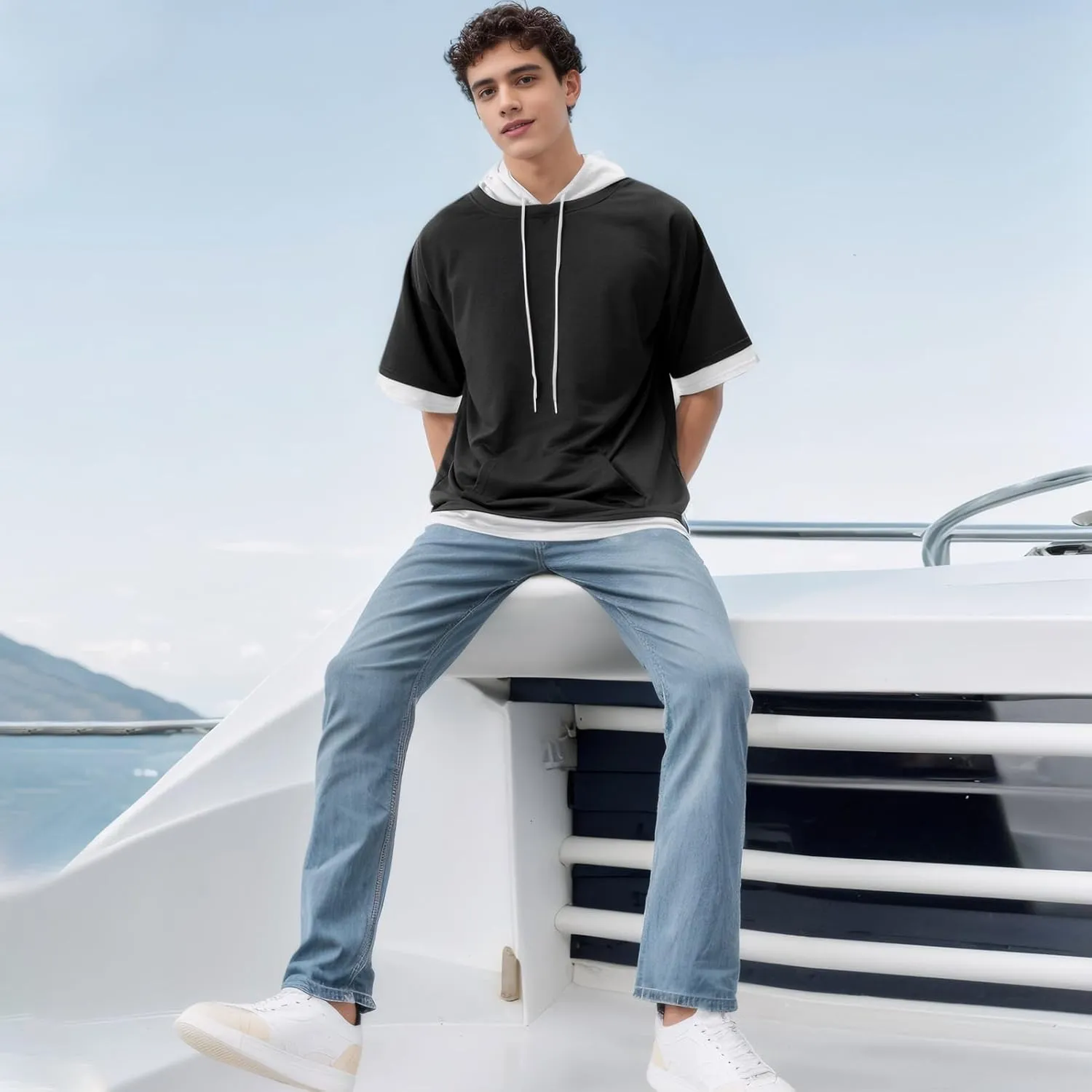 Mens Short Sleeve Hoodie Soft Cotton Color Block Moisture Wicking Big Pocket Streetwear Sweatshirt T-Shirt