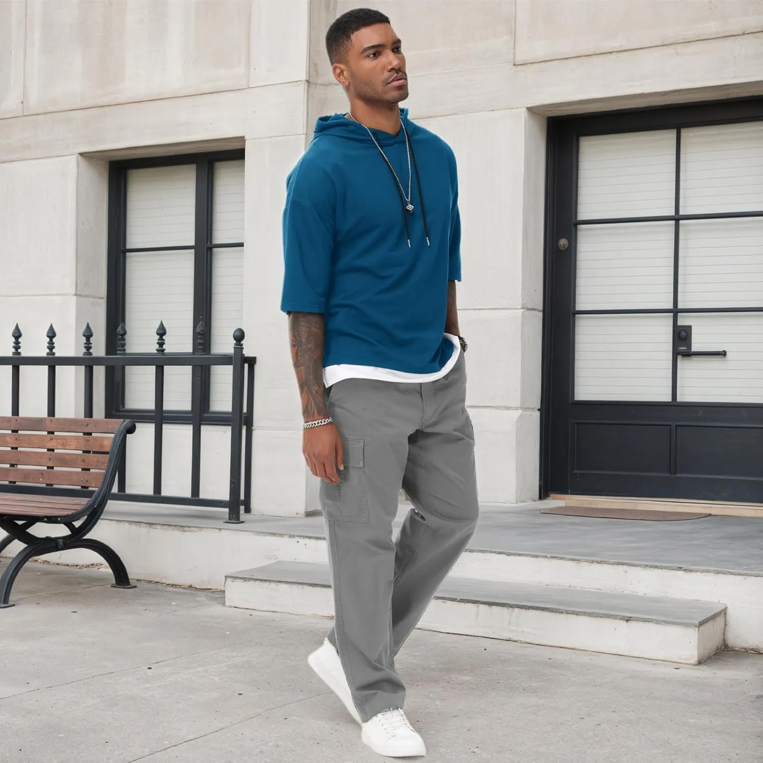 Mens Short Sleeve Hoodie Soft Cotton Color Block Moisture Wicking Patchwork Unisex Hip Hop T-Shirt Hoodie