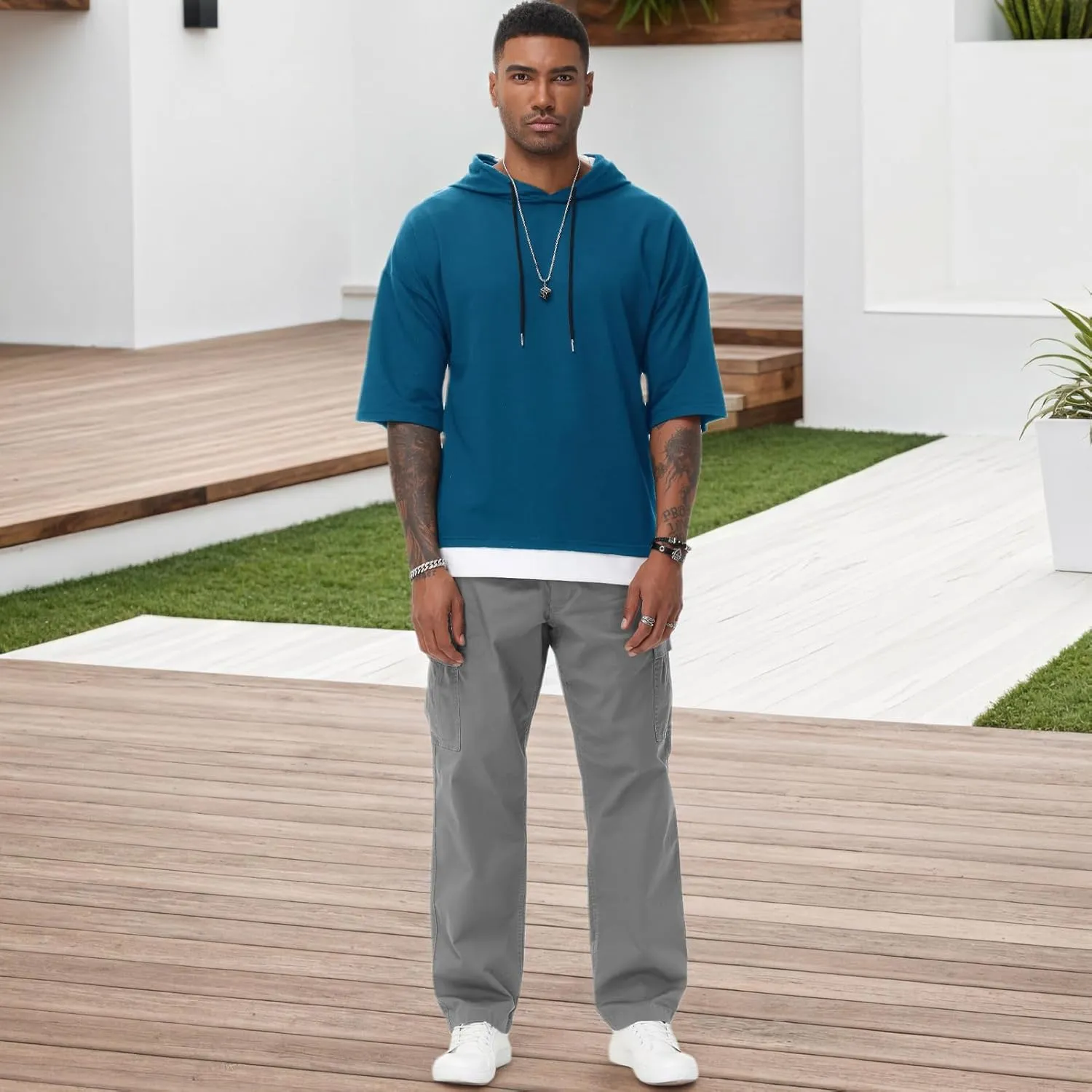 Mens Short Sleeve Hoodie Soft Cotton Color Block Moisture Wicking Patchwork Unisex Hip Hop T-Shirt Hoodie