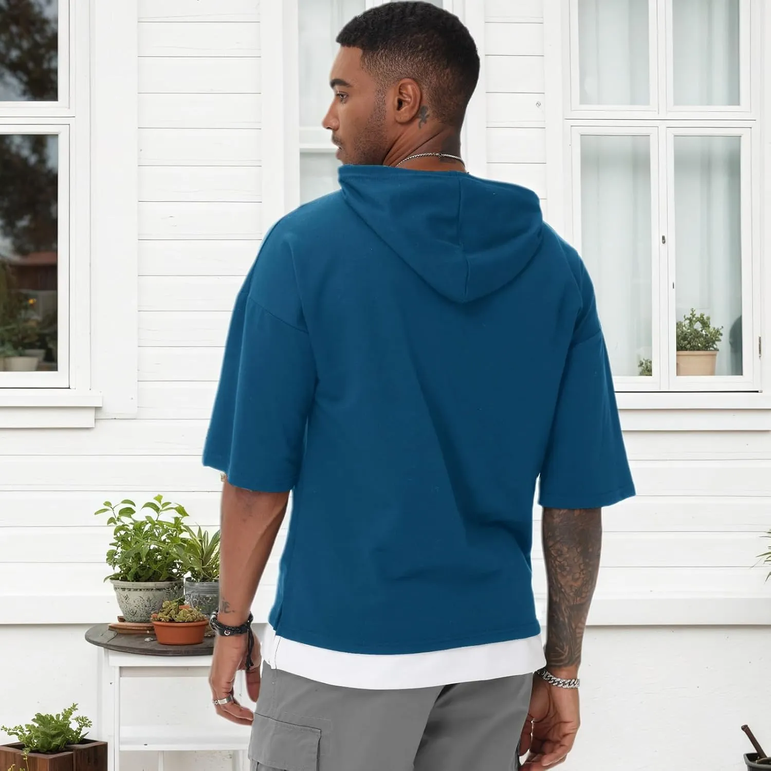 Mens Short Sleeve Hoodie Soft Cotton Color Block Moisture Wicking Patchwork Unisex Hip Hop T-Shirt Hoodie