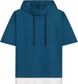 Mens Short Sleeve Hoodie Soft Cotton Color Block Moisture Wicking Patchwork Unisex Hip Hop T-Shirt Hoodie