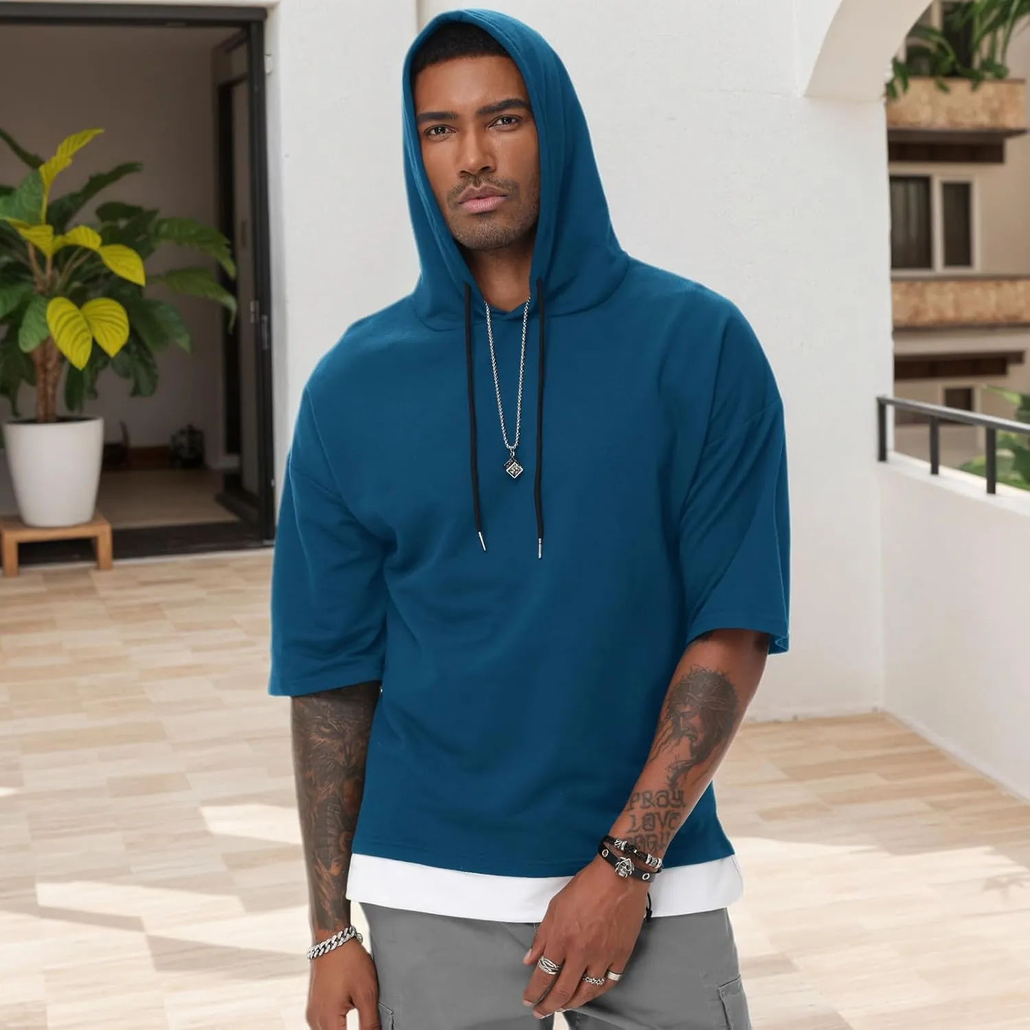 Mens Short Sleeve Hoodie Soft Cotton Color Block Moisture Wicking Patchwork Unisex Hip Hop T-Shirt Hoodie