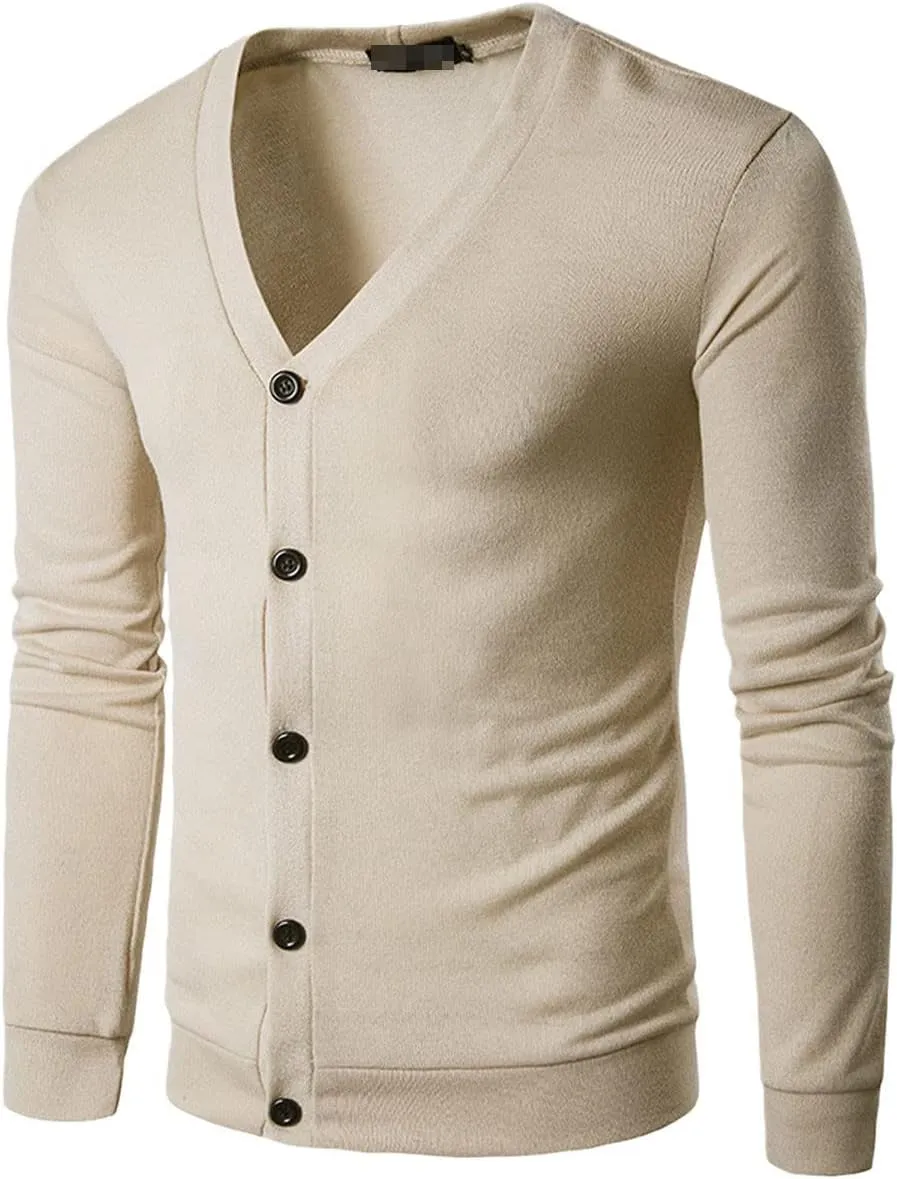 Men's Youth Fashion Solid Color V-Neck Long-Sleeved Slim Sweater Warm Coat Casual Jacket Cardigan Clothing