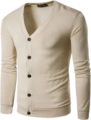 Men's Youth Fashion Solid Color V-Neck Long-Sleeved Slim Sweater Warm Coat Casual Jacket Cardigan Clothing