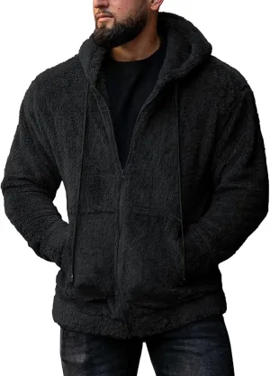 Mens Zip Up Fuzzy Fleece Hooded Sweatshirt with Pockets Zipper Soft Cozy Drawstring Cardigan Winter Outerwear Black