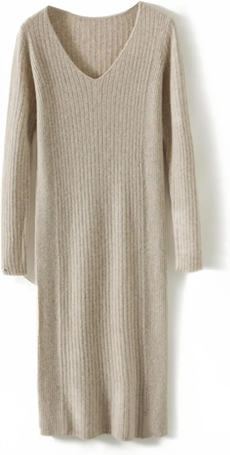 Merino Wool Sweater Dress Women's Long Sleeve Knitted V Neck Jumper Fall Winter Slim Long Tops