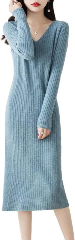 Merino Wool Sweater Dress Women's Long Sleeve Knitted V Neck Jumper Fall Winter Slim Long Tops