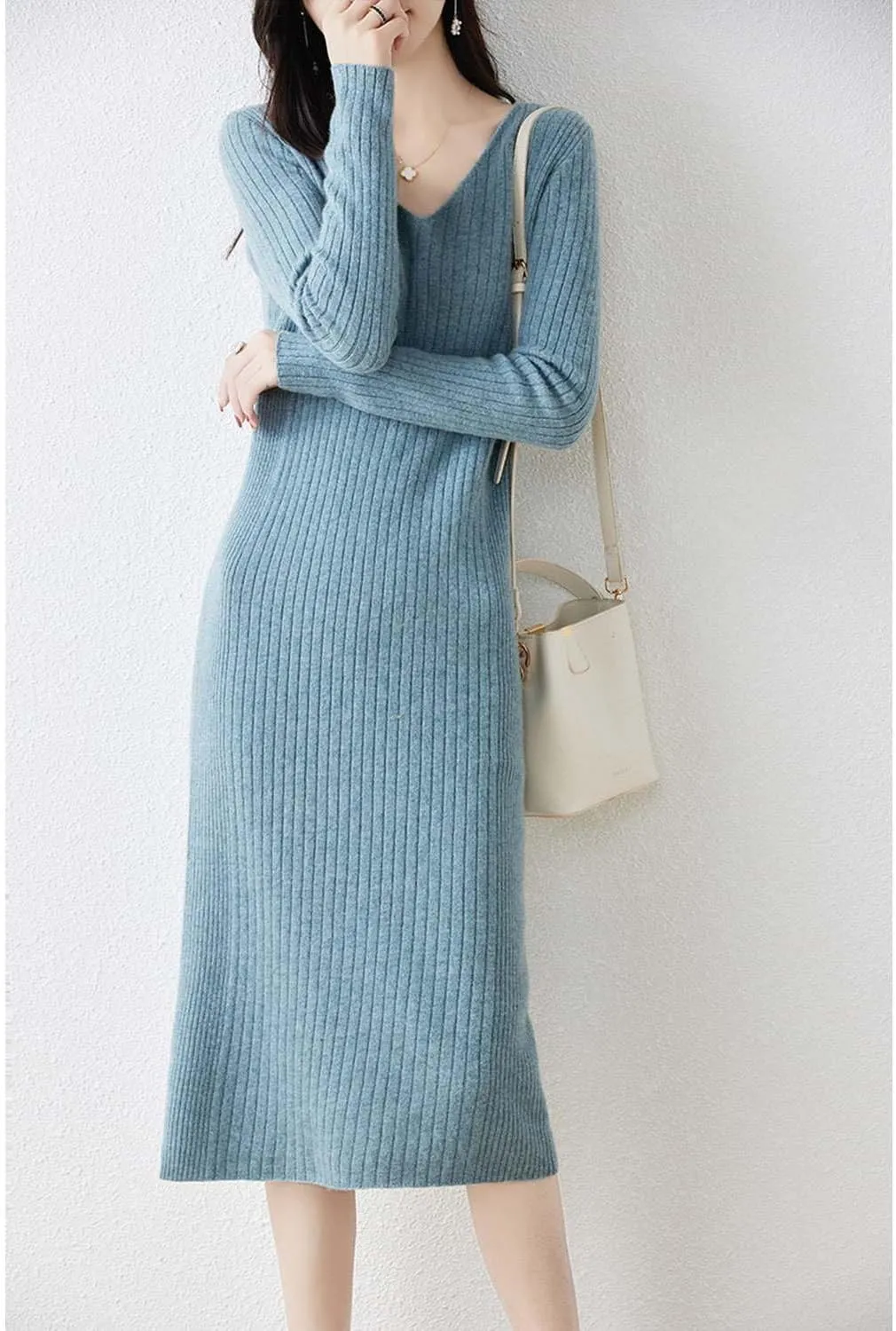 Merino Wool Sweater Dress Women's Long Sleeve Knitted V Neck Jumper Fall Winter Slim Long Tops