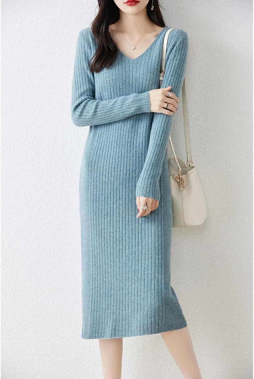 Merino Wool Sweater Dress Women's Long Sleeve Knitted V Neck Jumper Fall Winter Slim Long Tops