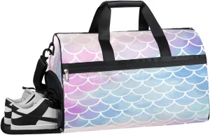 Mermaid Scale Pink Blue Sports Gym Bag for Women and Men Travel Duffel Bag Overnight Shoulder Bag Waterproof Workout Bag Portable Sports Tote with Shoes Compartment