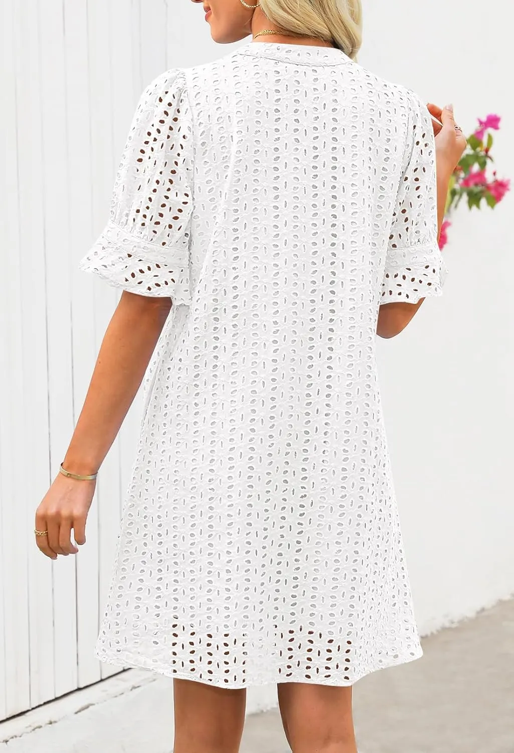 MEROKEETY Women's 2025 Summer Short Sleeve Mini Dress V Neck Ruffle Hollow Out Eyelet Lace Dresses