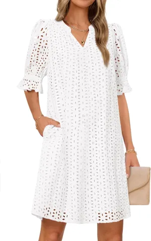 MEROKEETY Women's 2025 Summer Short Sleeve Mini Dress V Neck Ruffle Hollow Out Eyelet Lace Dresses