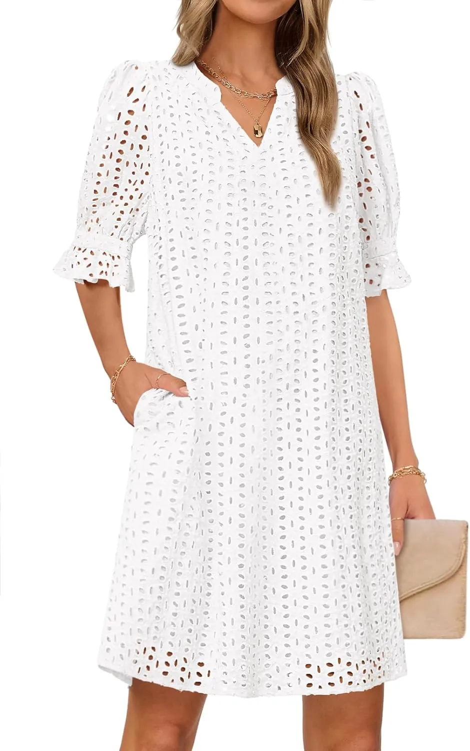 MEROKEETY Women's 2025 Summer Short Sleeve Mini Dress V Neck Ruffle Hollow Out Eyelet Lace Dresses