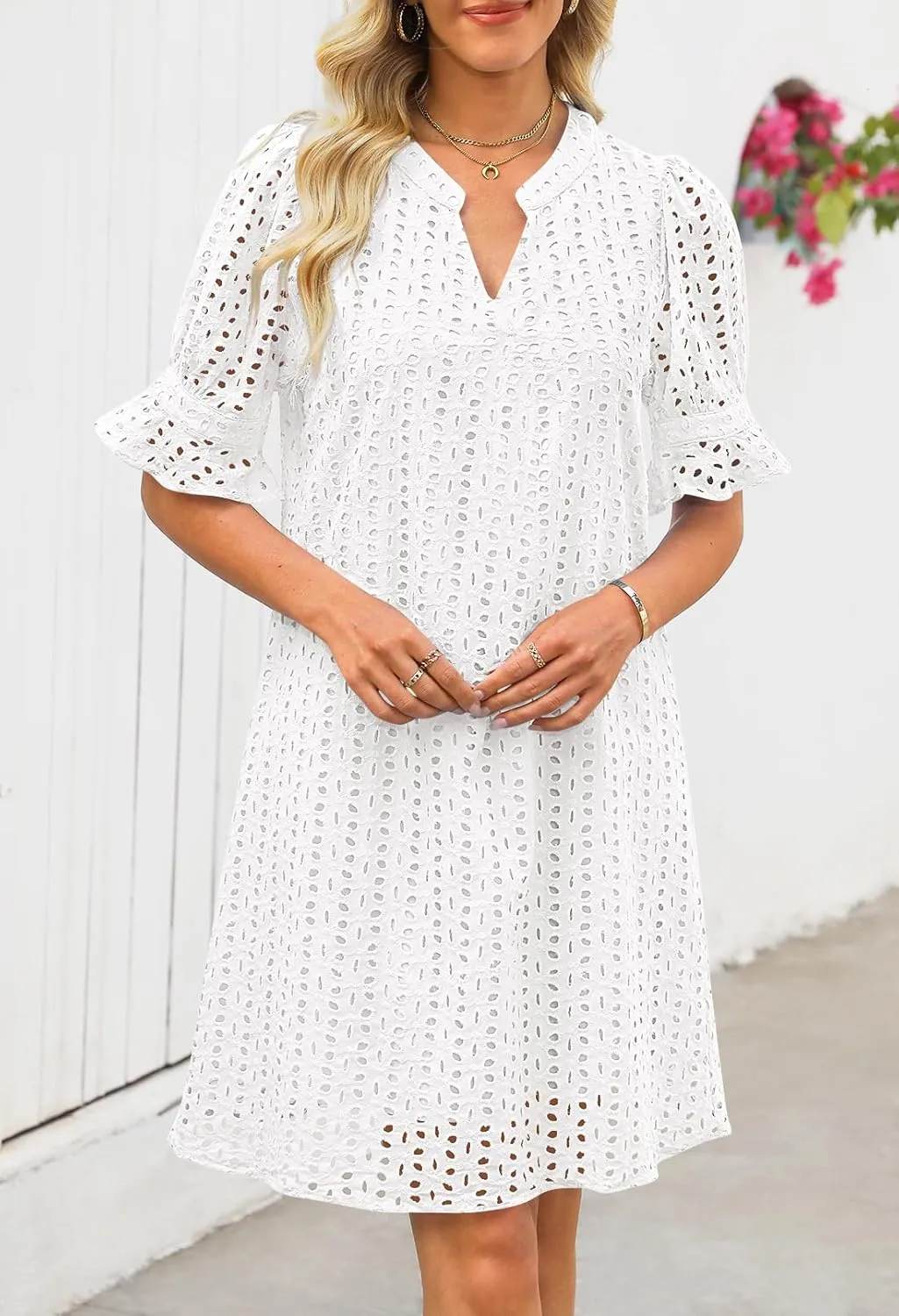 MEROKEETY Women's 2025 Summer Short Sleeve Mini Dress V Neck Ruffle Hollow Out Eyelet Lace Dresses