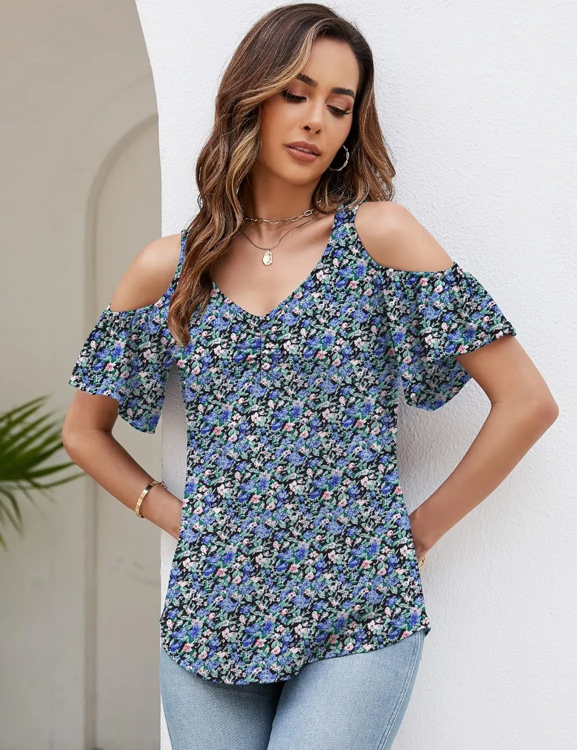 Micoson Cold Shoulder Tops for Women Summer Short Sleeve Shirts Ladies Floral Ruched Blouse Classic Cute V Neck Tunic