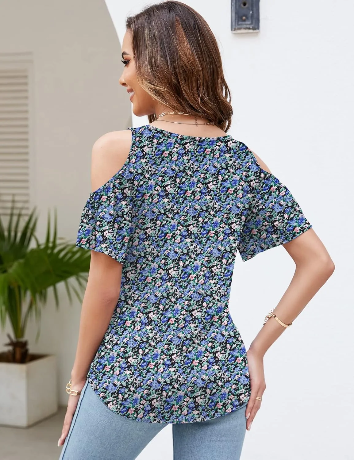 Micoson Cold Shoulder Tops for Women Summer Short Sleeve Shirts Ladies Floral Ruched Blouse Classic Cute V Neck Tunic