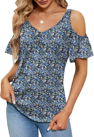 Micoson Cold Shoulder Tops for Women Summer Short Sleeve Shirts Ladies Floral Ruched Blouse Classic Cute V Neck Tunic