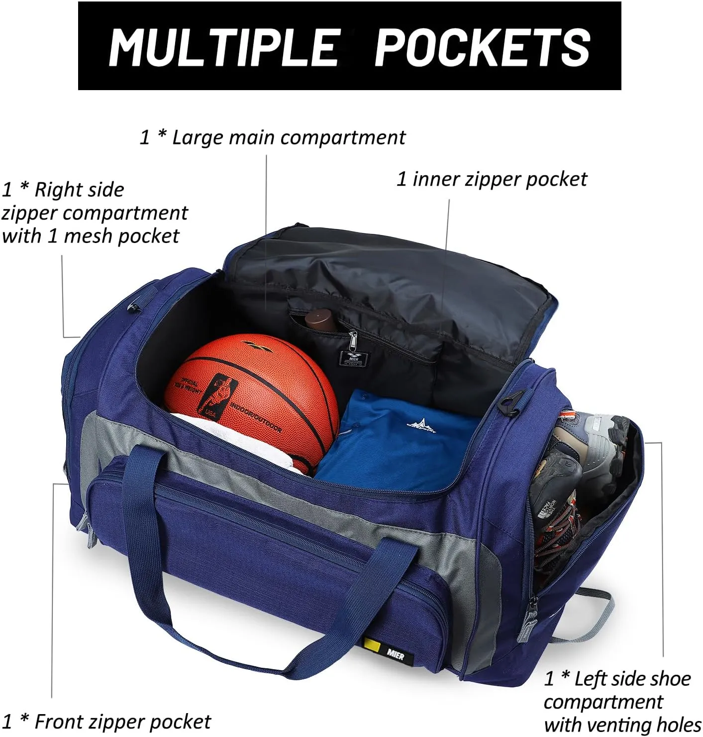 MIER Large Duffel Bag Men's Gym Bag with Shoe Compartment, 60L