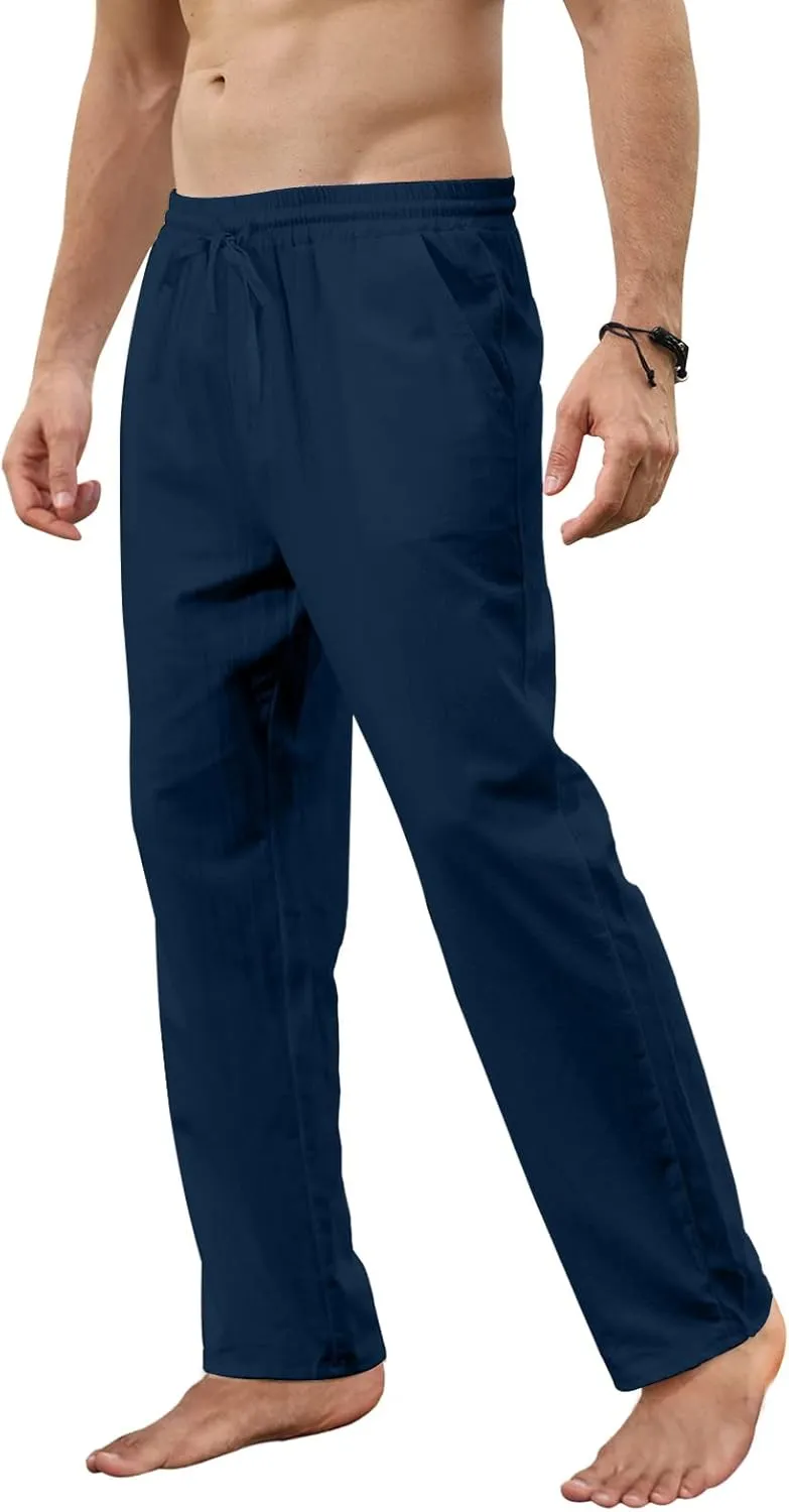 MorwenVeo Men's Linen Pants Casual Drawstring Yoga Beach Trousers Lightweight Loose Fit Elastic Waist Summer Pant