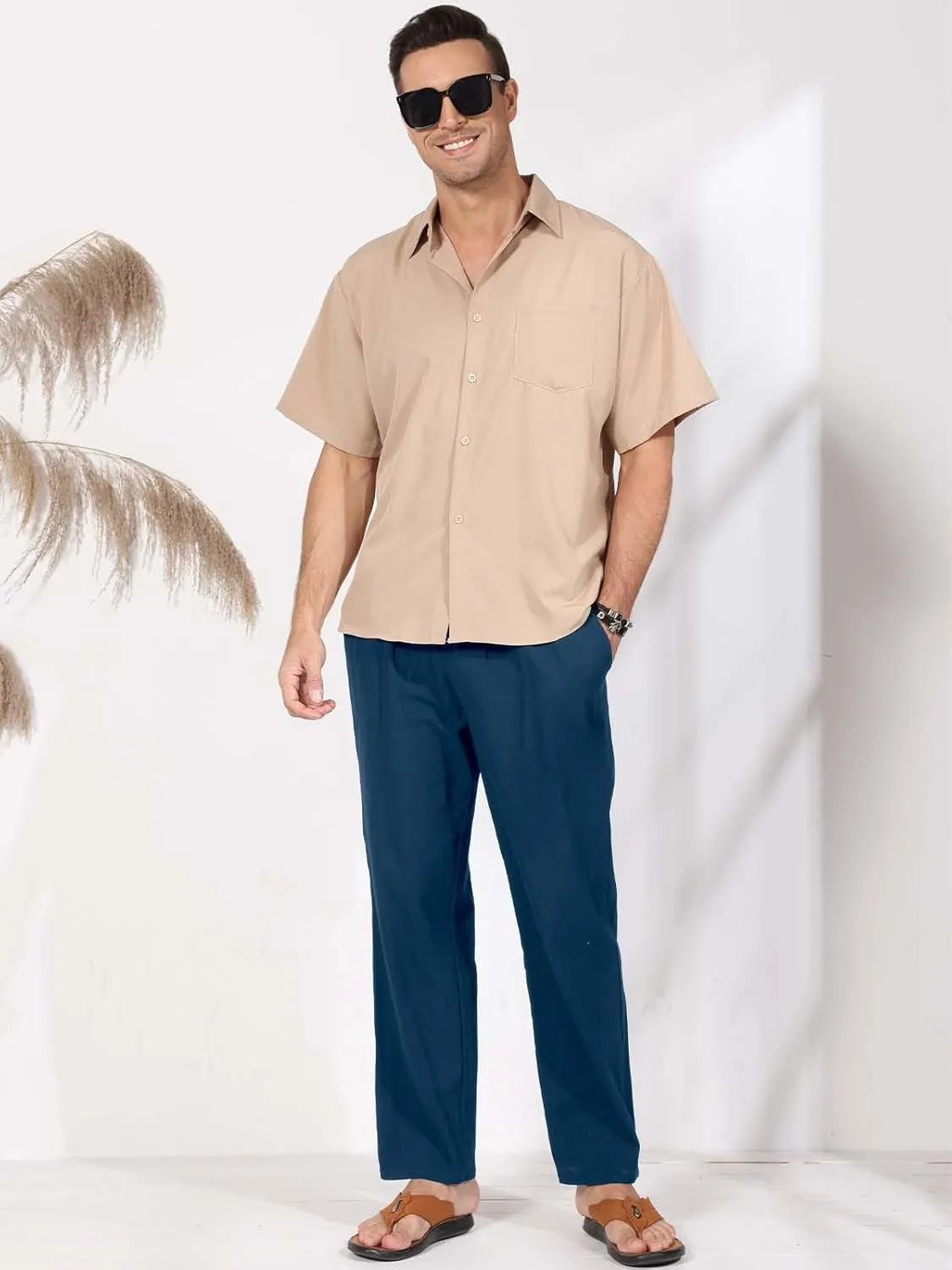 MorwenVeo Men's Linen Pants Casual Drawstring Yoga Beach Trousers Lightweight Loose Fit Elastic Waist Summer Pant
