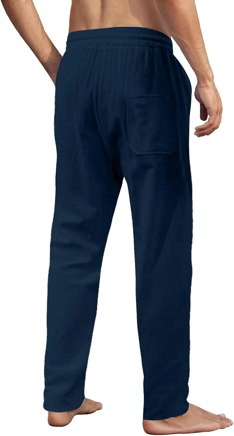 MorwenVeo Men's Linen Pants Casual Drawstring Yoga Beach Trousers Lightweight Loose Fit Elastic Waist Summer Pant